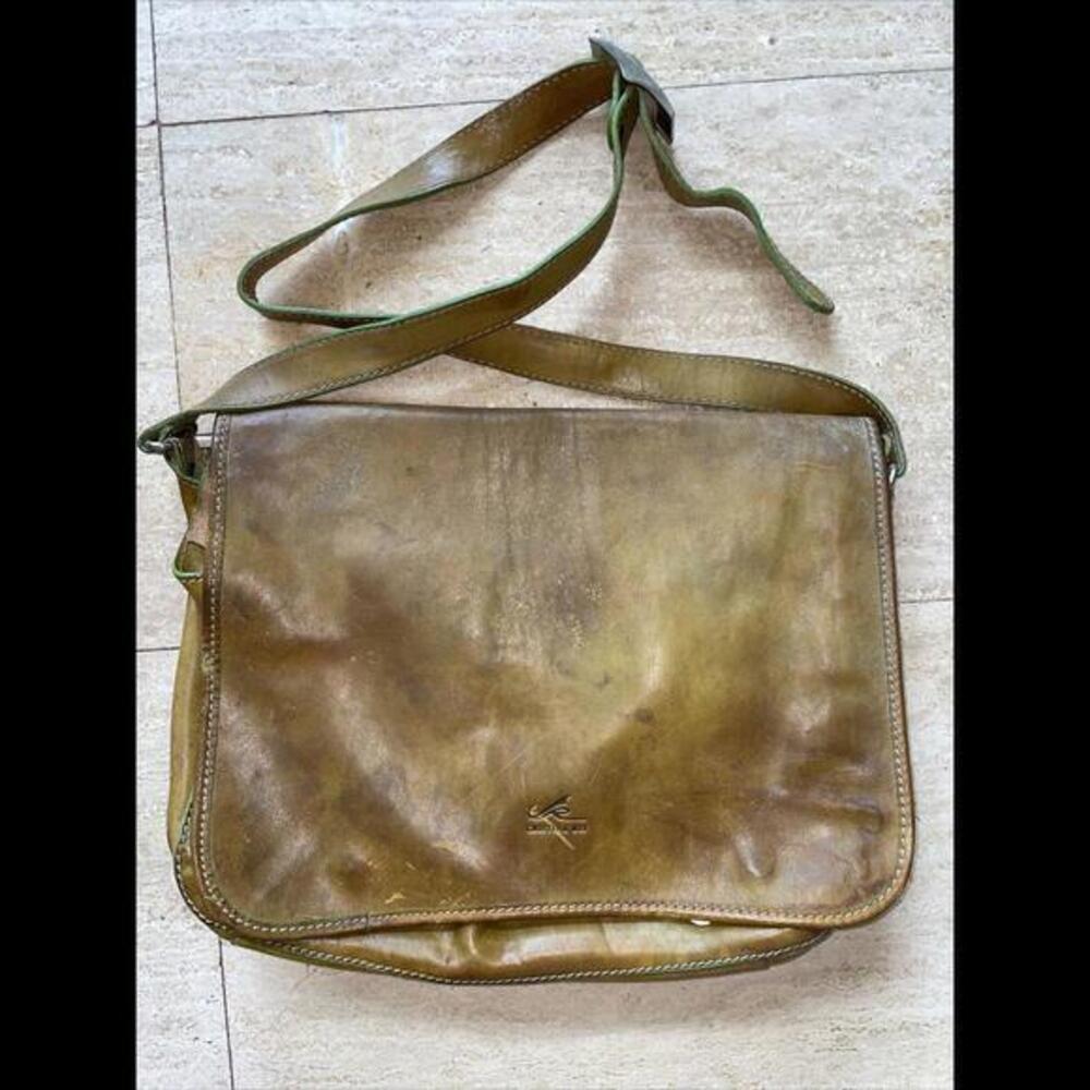 Cristina Rui Mustard Green Brown Leather‎ Messenger Bag Rough Condition